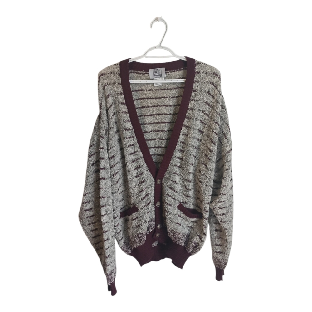 Georges LaroqueStriped V-Neck Cardigan Sweater in Beige and Burgundy Medium